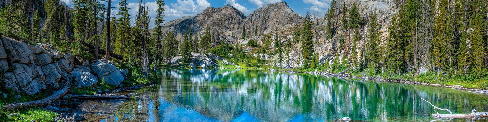 An alpine lake surrounded by mountains and trees with a clear sky and reflections in the water