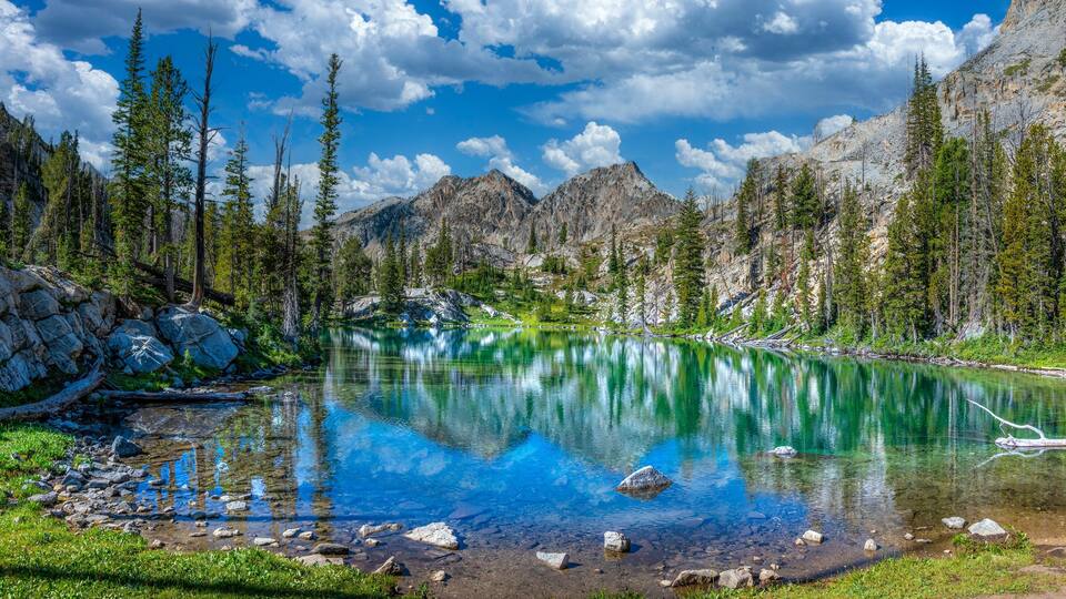 An alpine lake surrounded by mountains and trees with a clear sky and reflections in the water