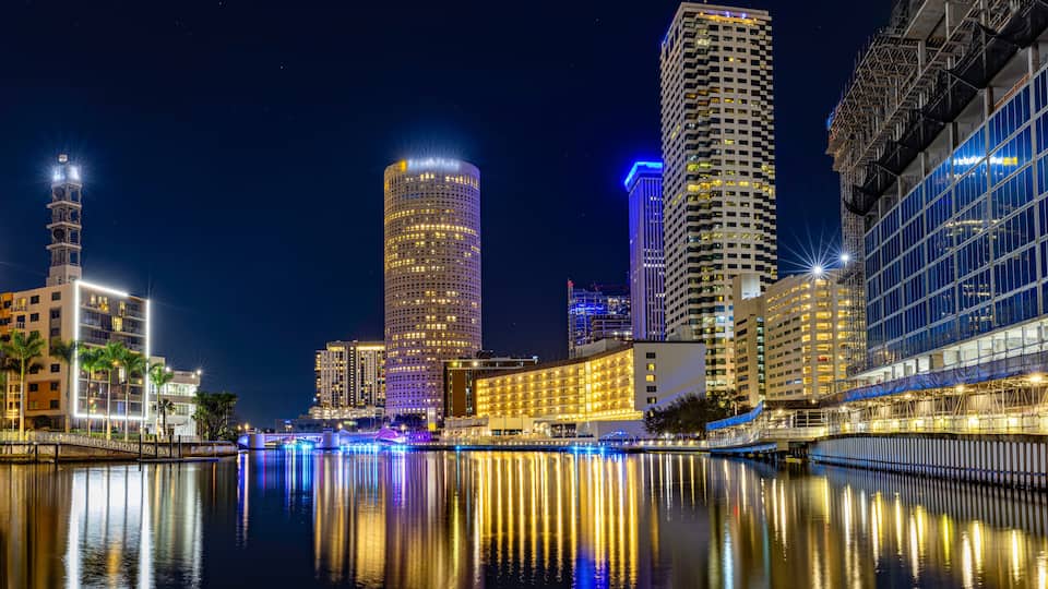 Tampa Riverwalk Night Skyline with City Lights and Reflections