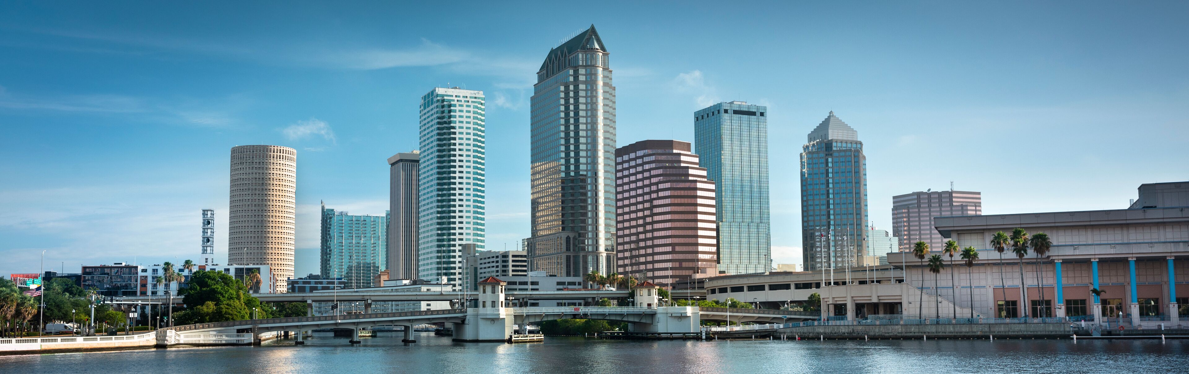 Downtown city panoramic skyline view of Tampa Florida USA looking over the Hillsborough Bay and the Riverwalk