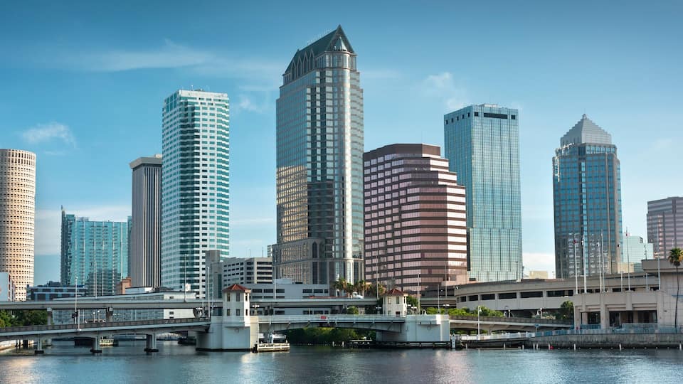 Downtown city panoramic skyline view of Tampa Florida USA looking over the Hillsborough Bay and the Riverwalk