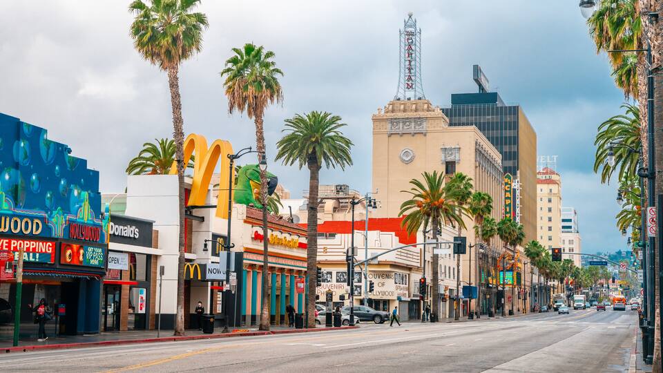 Streets in Hollywood on the Walk of Fame in Los Angeles on a cloudy day. Los Angeles, USA - 23 Apr 2021