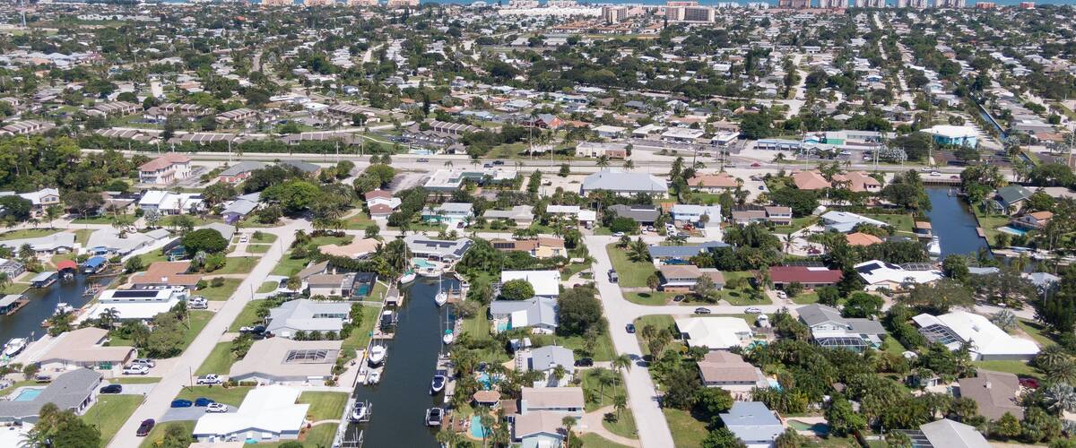 Aerial view of a Florida barrier island community looking toward the Atlantic Ocean.