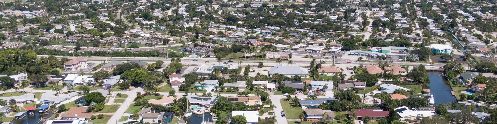 Aerial view of a Florida barrier island community looking toward the Atlantic Ocean.