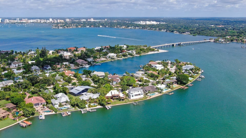 Aerial view of Siesta Key, barrier island in the Gulf of Mexico, coast of Sarasota, Florida. USA.