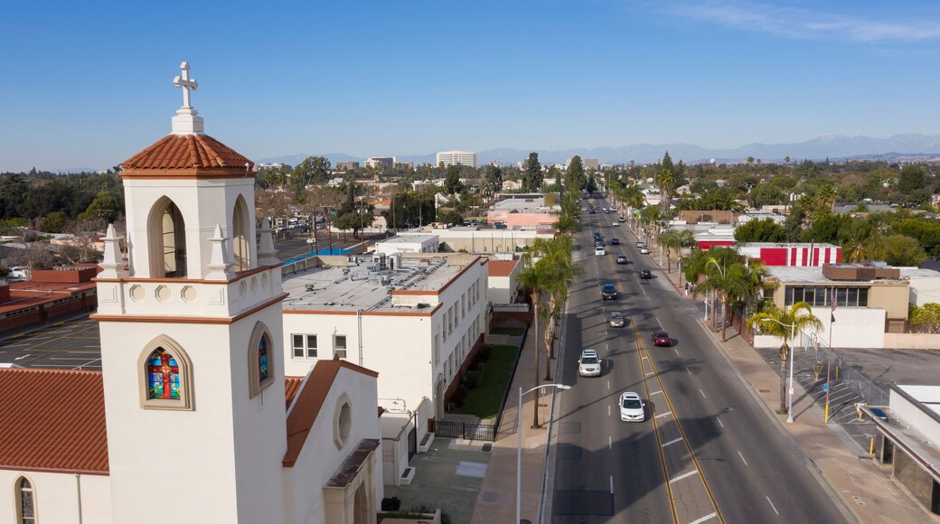 Sun shines on the historic Madison Park and Wilshire Square neighborhoods of Santa Ana, California, USA.