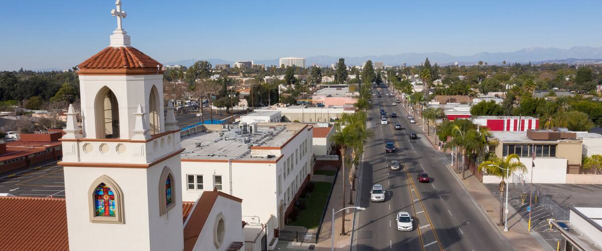 Sun shines on the historic Madison Park and Wilshire Square neighborhoods of Santa Ana, California, USA.