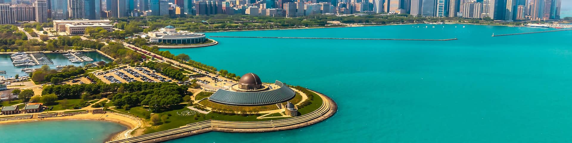 Chicago Skyline with Promontory Point in Foreground Along Lake Michigan Illinois