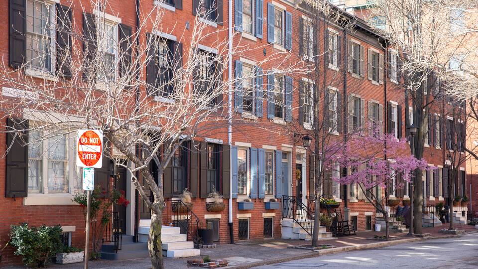 A row of red brick townhouses with blue shutters, a 'Do Not Enter' sign, and a tree with pink blossoms.