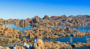 A panoramic winter image of Watson Lake in Prescott Arizona with the Granite Dells taken by a drone.