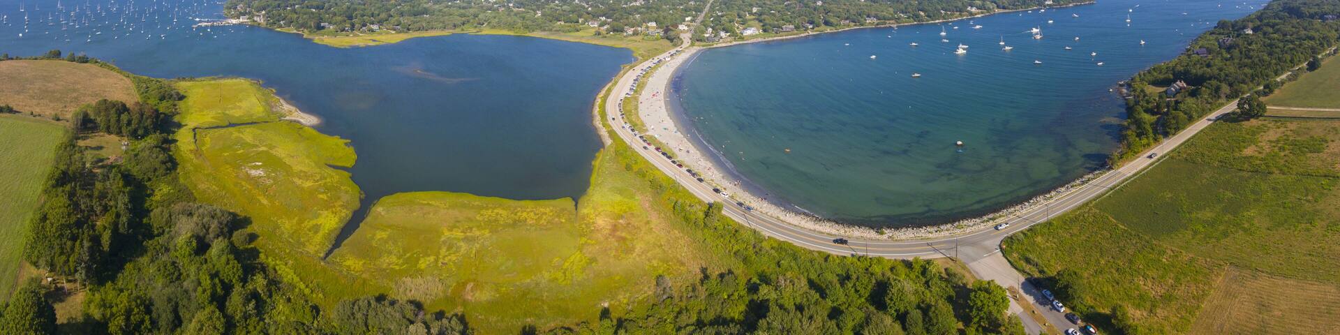 Mackeral Cove Beach and Dutch Island Harbor at Narragansett Bay panorama aerial view in summer, Jamestown, Rhode Island RI, USA.
