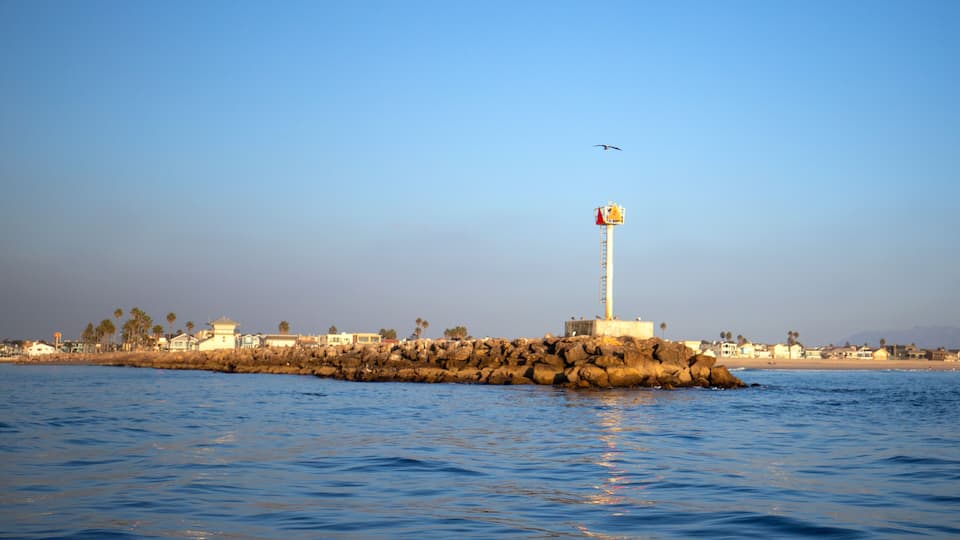 Channel Islands Harbor breakwater and light signal on the California gold coast at Port Hueneme California United States