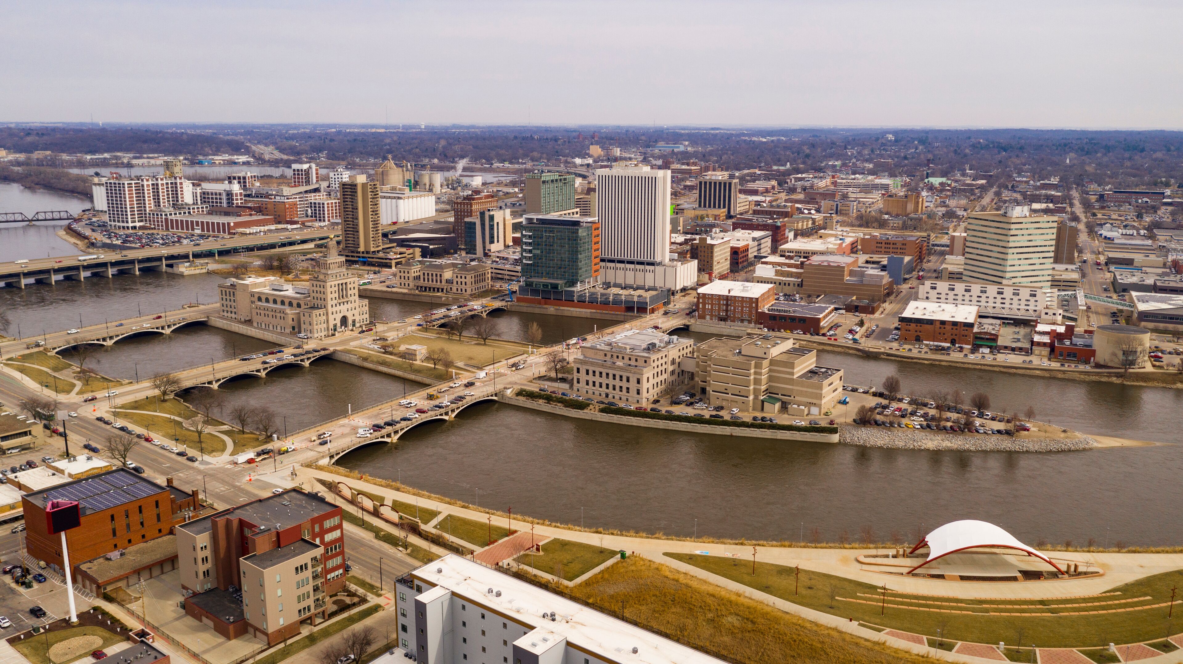 Aerial Perspective of Cedar Rapids Iowa Urban Waterfront