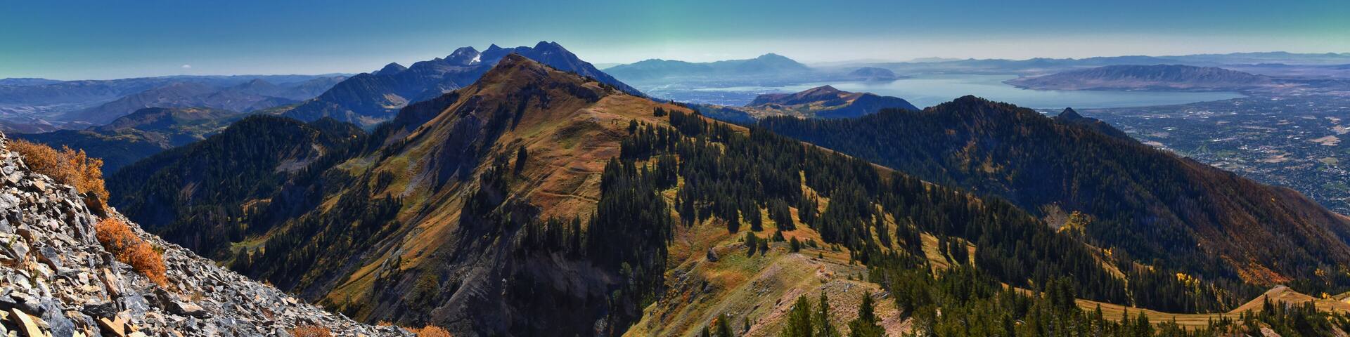 Box Elder Peak view from peak, American Fork Canyon. Lone Peak, Mt Timpanogos Uinta-Wasatch-Cache National Forest, Wasatch Range Rocky Mountains, Utah, United States.