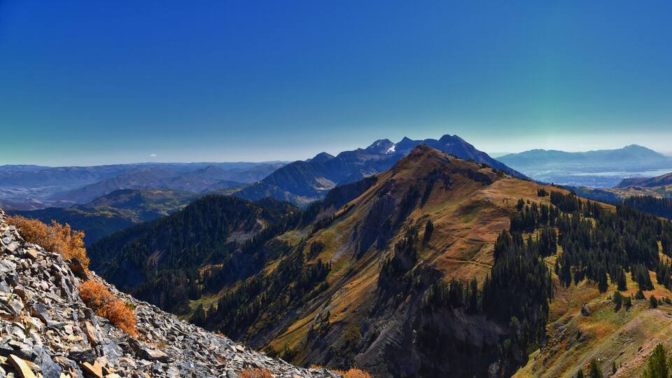 Box Elder Peak view from peak, American Fork Canyon. Lone Peak, Mt Timpanogos Uinta-Wasatch-Cache National Forest, Wasatch Range Rocky Mountains, Utah, United States.