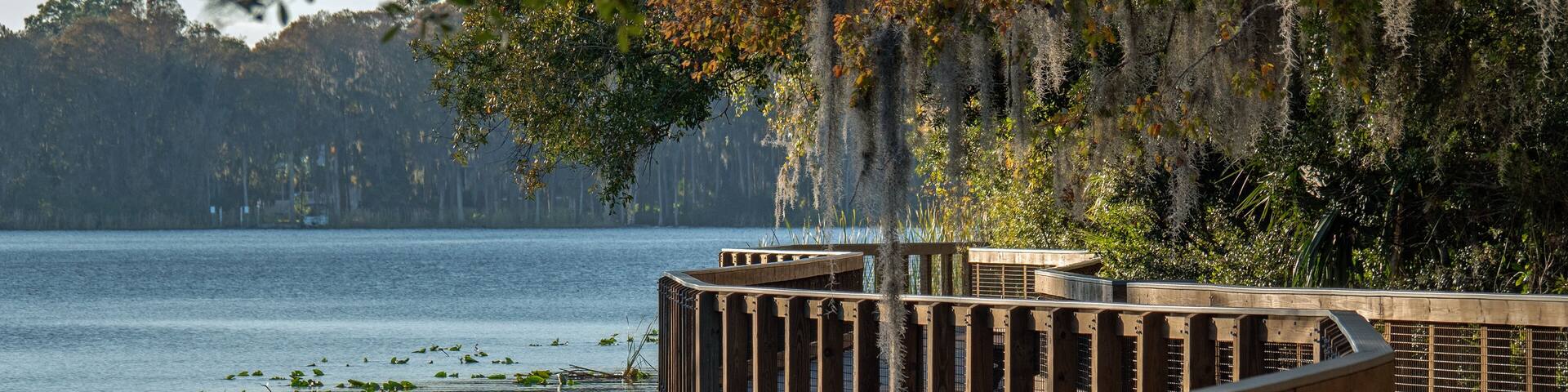 Beautiful Florida wooden boardwalk near a body of water