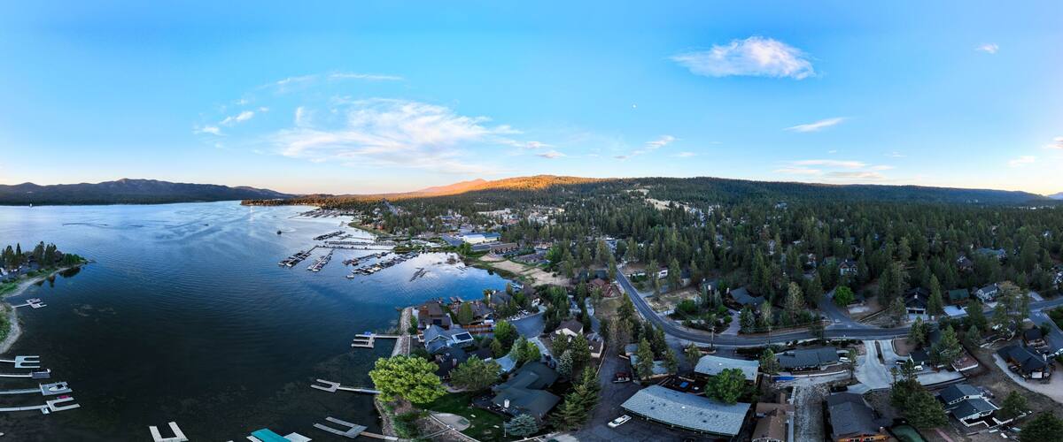 Big Bear Lake, California, July 25, 2026: Big Bear Lake, California, as seen from a UAV Drone looking at the Village and the Marina at Sunset