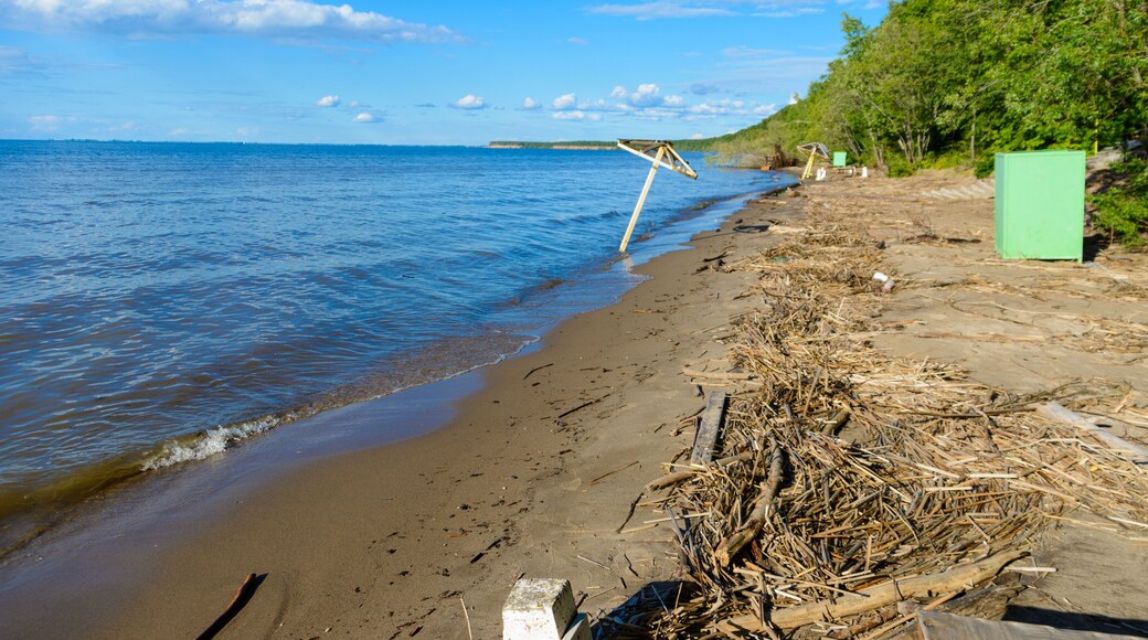 Deserted beach. Abandoned benches, umbrellas, tables, changing rooms on a sandy beach after the of summer vacation.