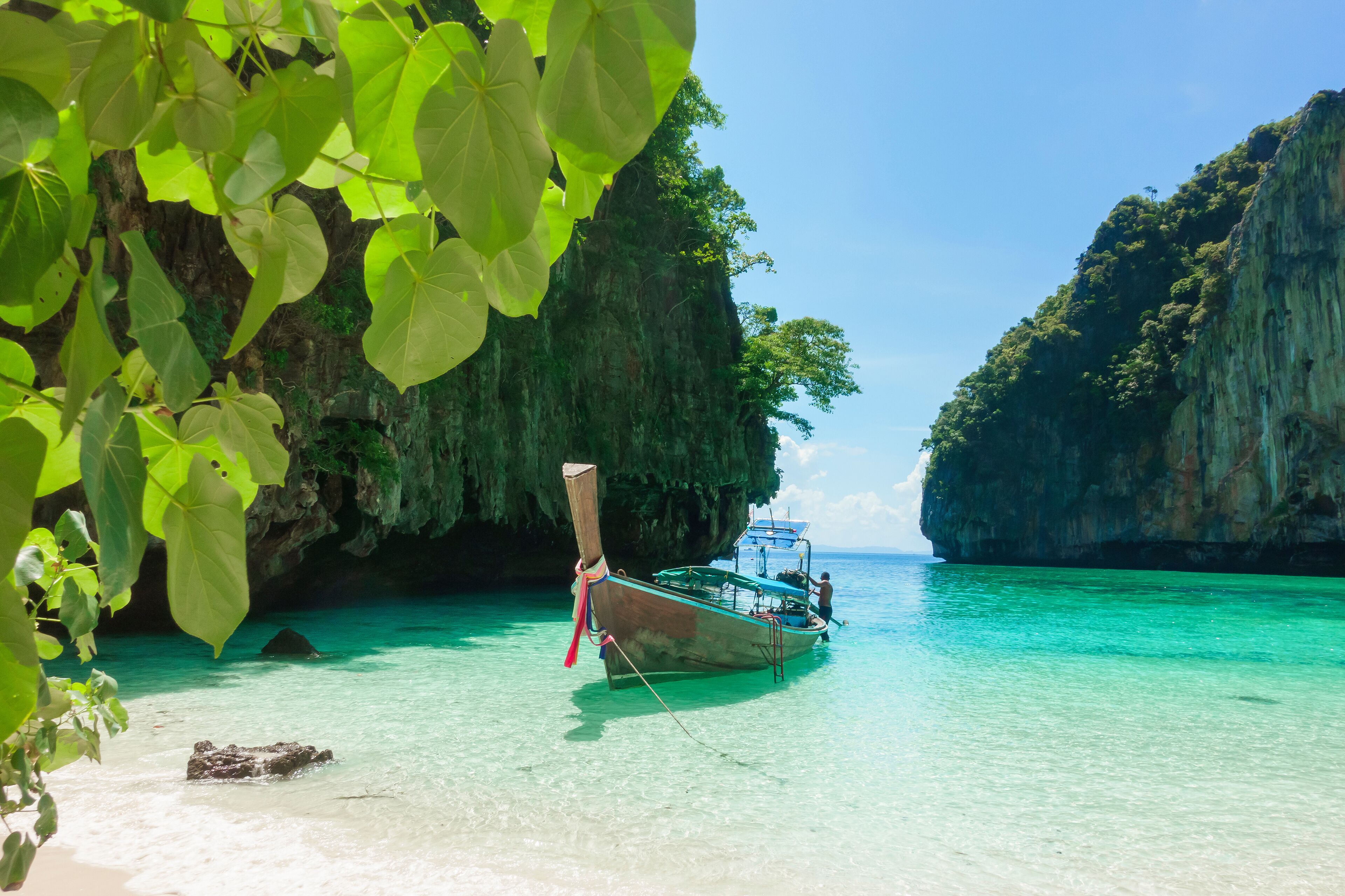 Beautiful view landscape of tropical beach , emerald sea and white sand against blue sky, Maya bay in phi phi island , Thailand