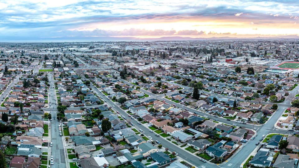 San leandro Bay Area. Sunset Drone Panorama.