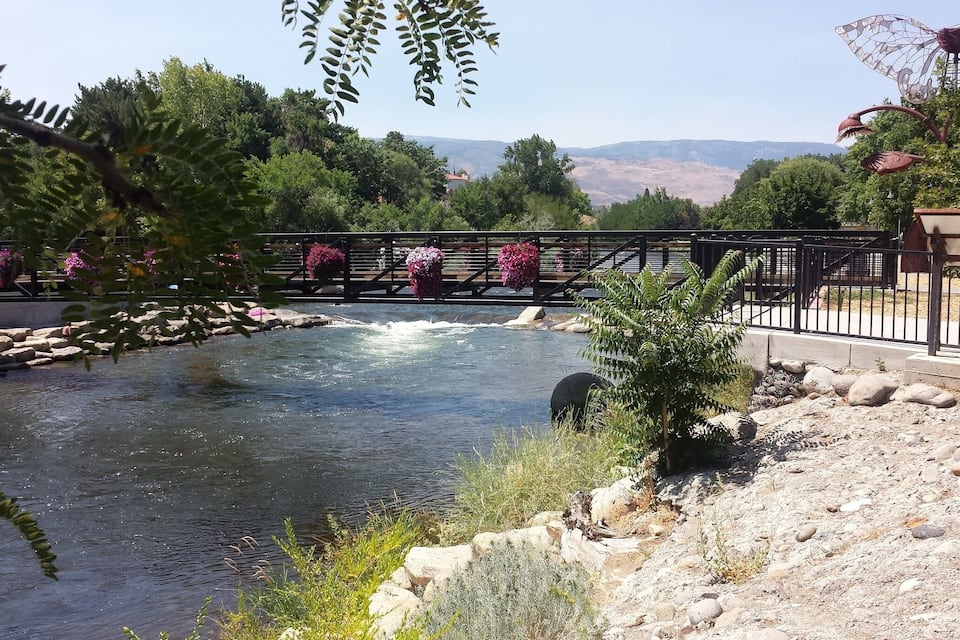 A river flowing through a park with a bridge, surrounded by greenery and rocks.