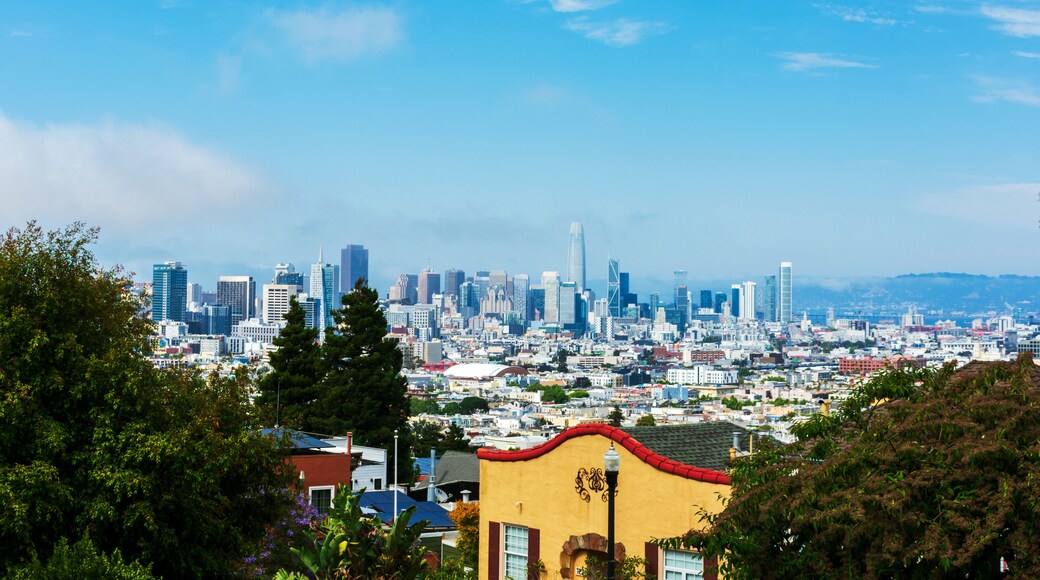 A view of San Francisco from Dolores Heights residential neighborhood featuring residential houses and the downtown skyline