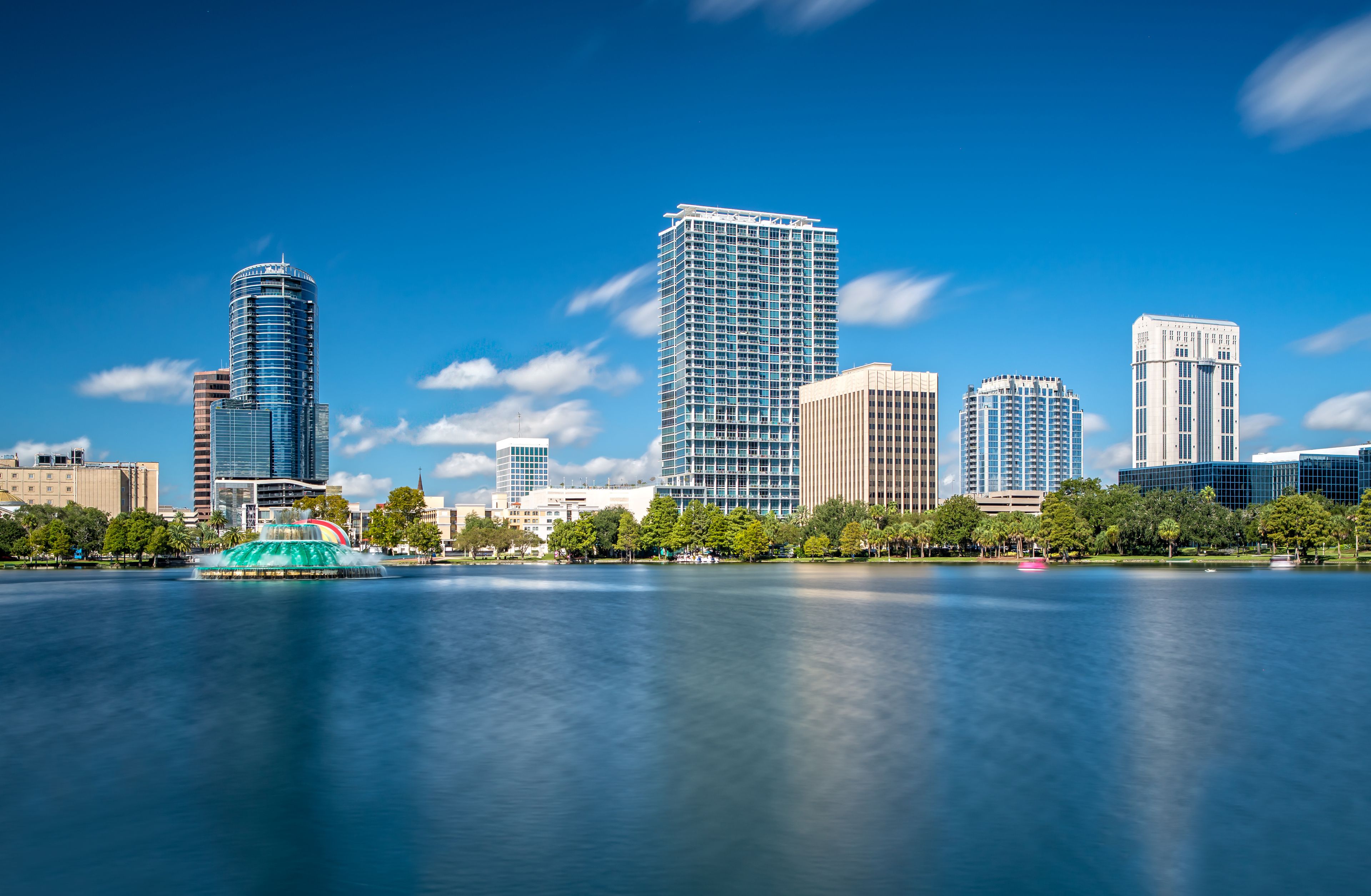 Downtown Orlando from Lake Eola Park on a beautiful sunny Day