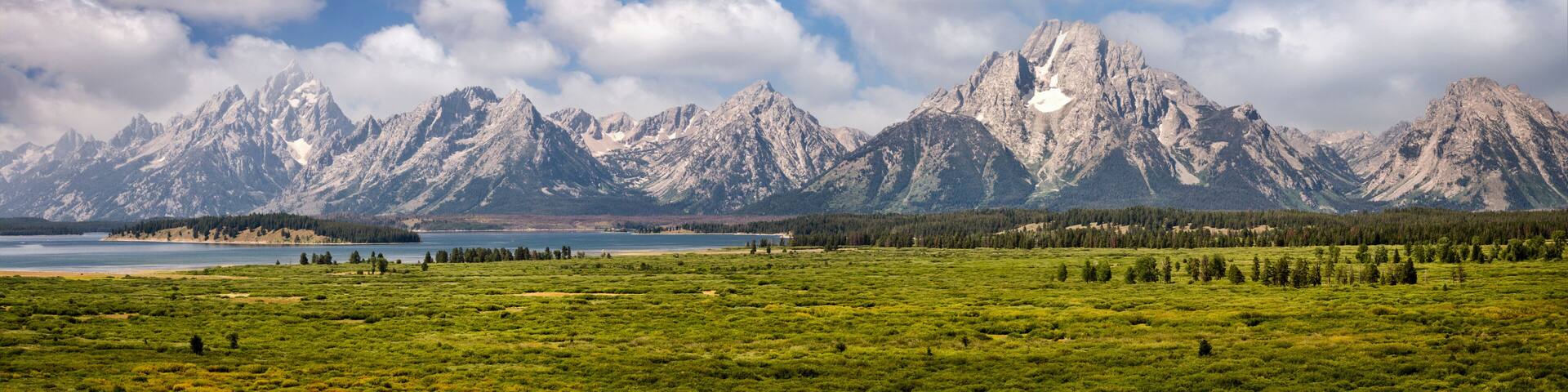 Grand Teton national park, mountain range panorama, Wyoming, USA. Panoramic web banner.