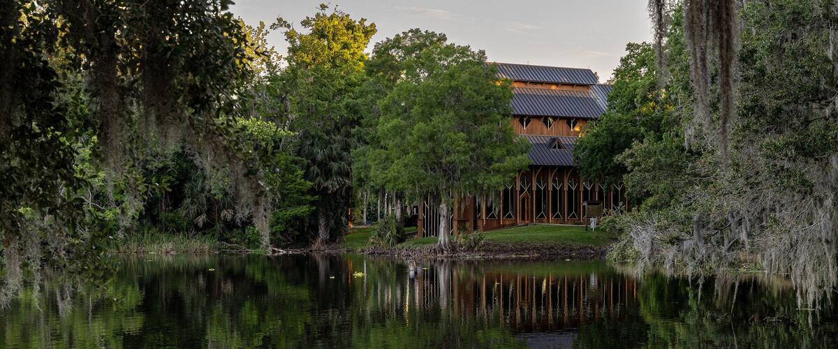 Photo of Lake Alice and a portion of the Baughman Center on the campus of the University of Florida in Gainesville