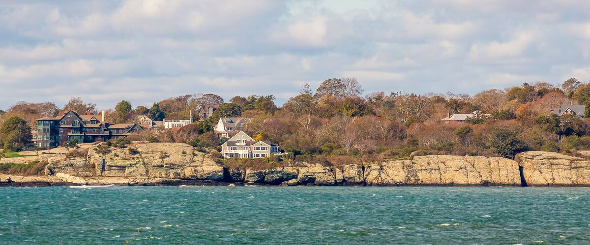 Scenic view of the seashore and residential area in Middleton, Rhode Island, from Second Beach Park