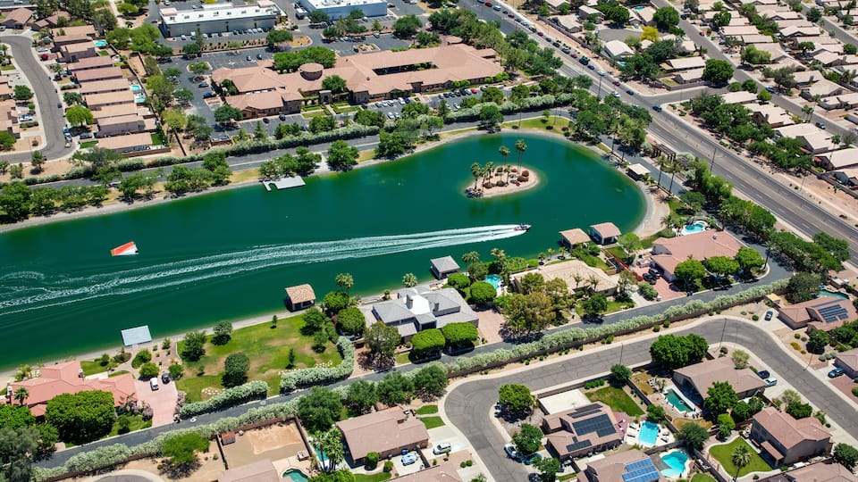 Water Ski in your own neighborhood, aerial view in Gilbert, Arizona