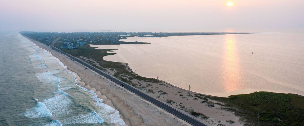 Aerial View of Cape Hatteras Seashore Looking Towards Hatteras Village in North Carolina