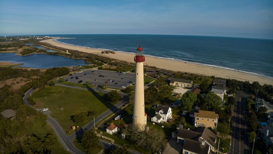 APRIL 29, 2023 - CAPE MAY NEW JERSEY, USA - aerial view of Cape May Lighthouse on Atlantic Ocean