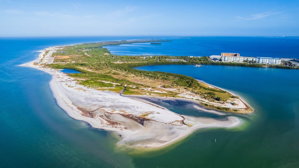 Drone view of Dunedin Causeway and Honeymoon Island, Florida