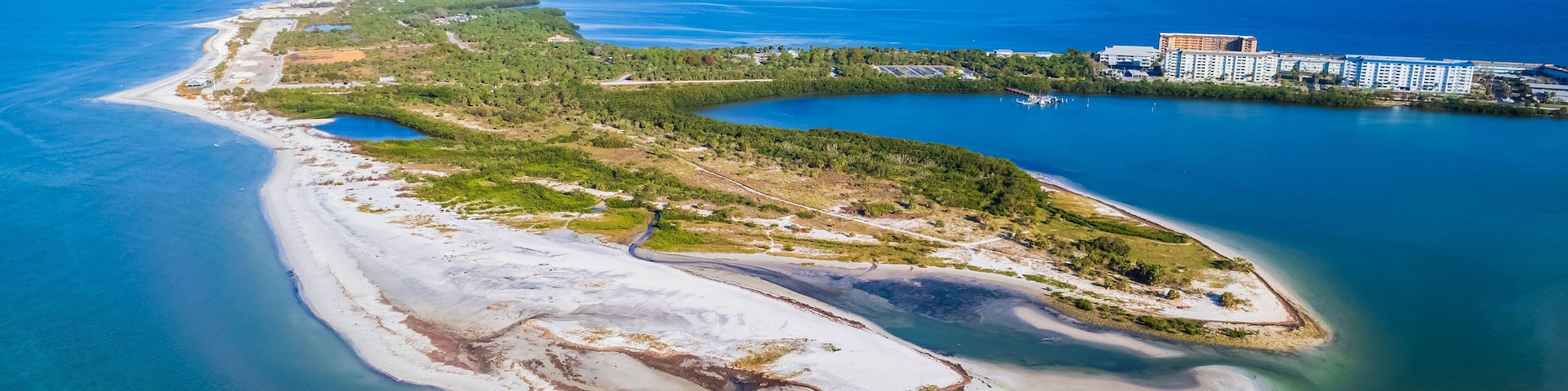 Drone view of Dunedin Causeway and Honeymoon Island, Florida