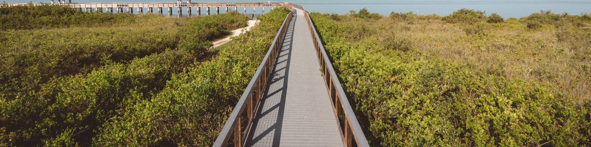 Aerial of Smyrna Dunes Boardwalk to Fishing Pier in New Smyrna Beach, Florida