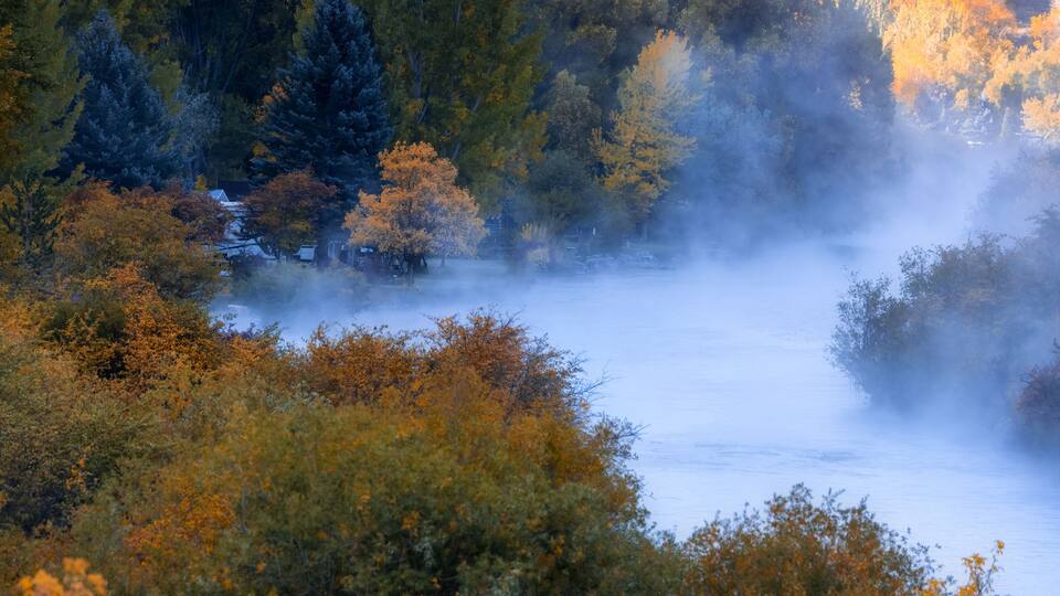 Provo river and canyon filled with morning fog in Utah, surrounded with beautiful fall foliage.