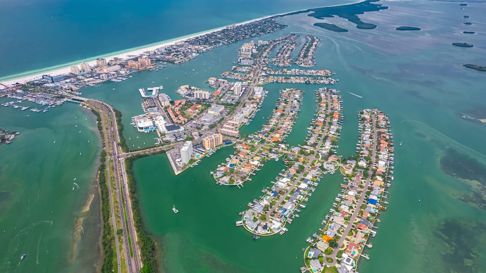 Clearwater Beach Florida. Neighborhood Island Estates. Clearwater Marine Aquarium. Ocean, Gulf of Mexico beach. Road to Downtown of Clearwater Beach FL. Summer vacation. Tropical Nature. Aerial Aerial