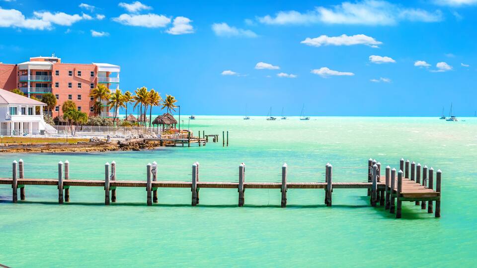 USA. Turquoise waterfront of Florida Keys in Marathon panoramic view