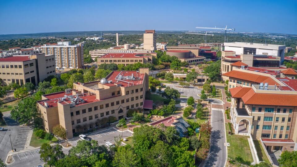 Aerial View of a large Public University in San Marco, Texas