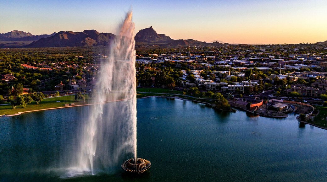 Aerial, drone view of the historic fountain at Fountain Hills Park in Arizona