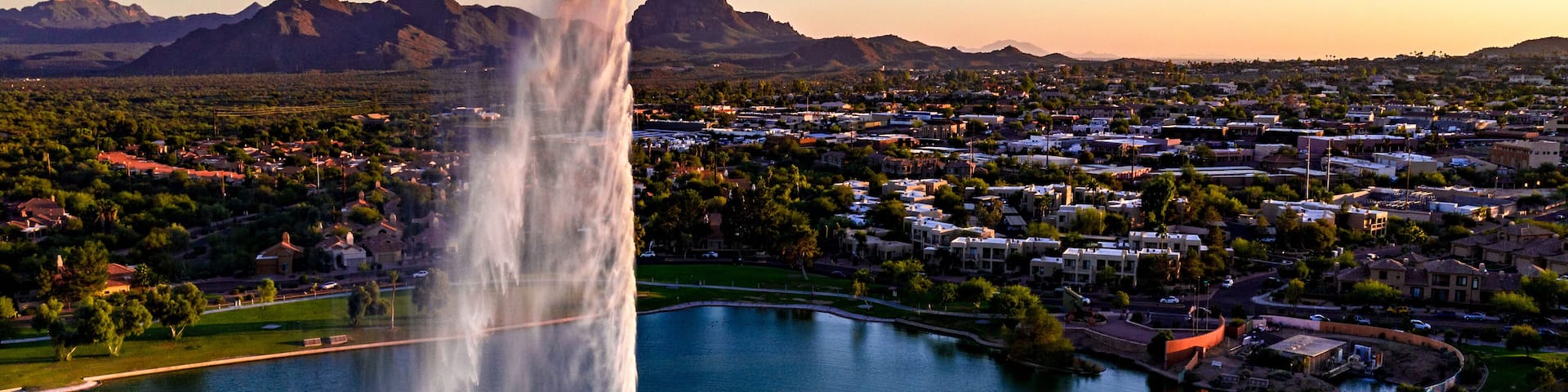 Aerial, drone view of the historic fountain at Fountain Hills Park in Arizona