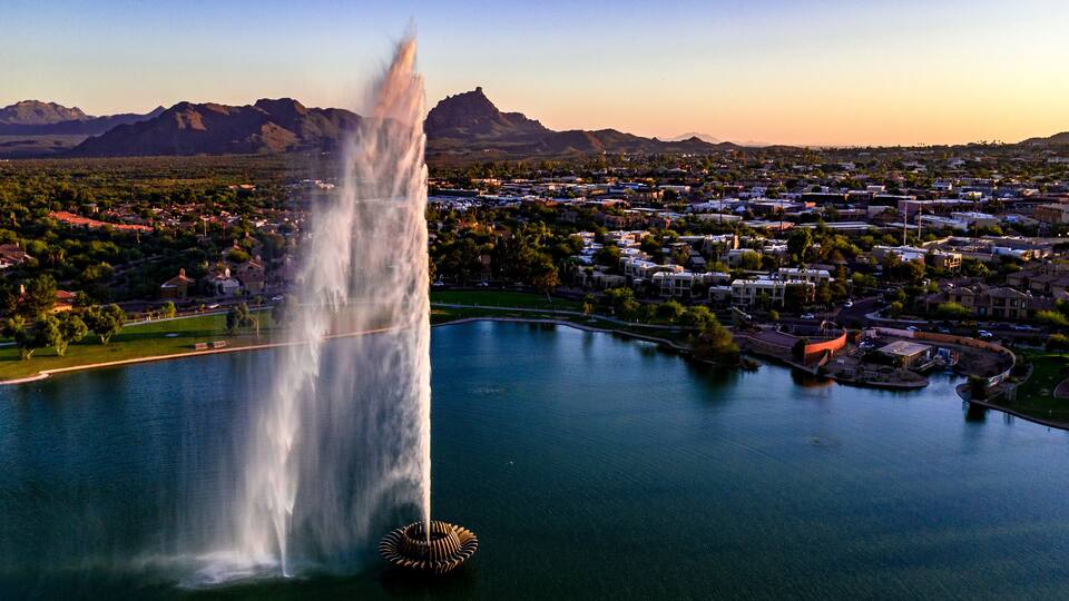 Aerial, drone view of the historic fountain at Fountain Hills Park in Arizona