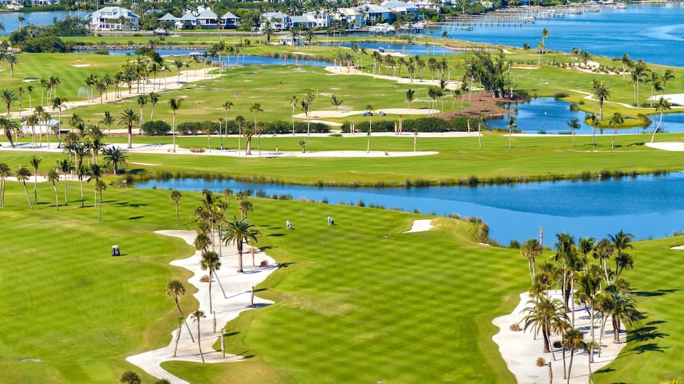 Golf course on ocean shore in southwest Florida. Seaside golfing field in Boca Grande
