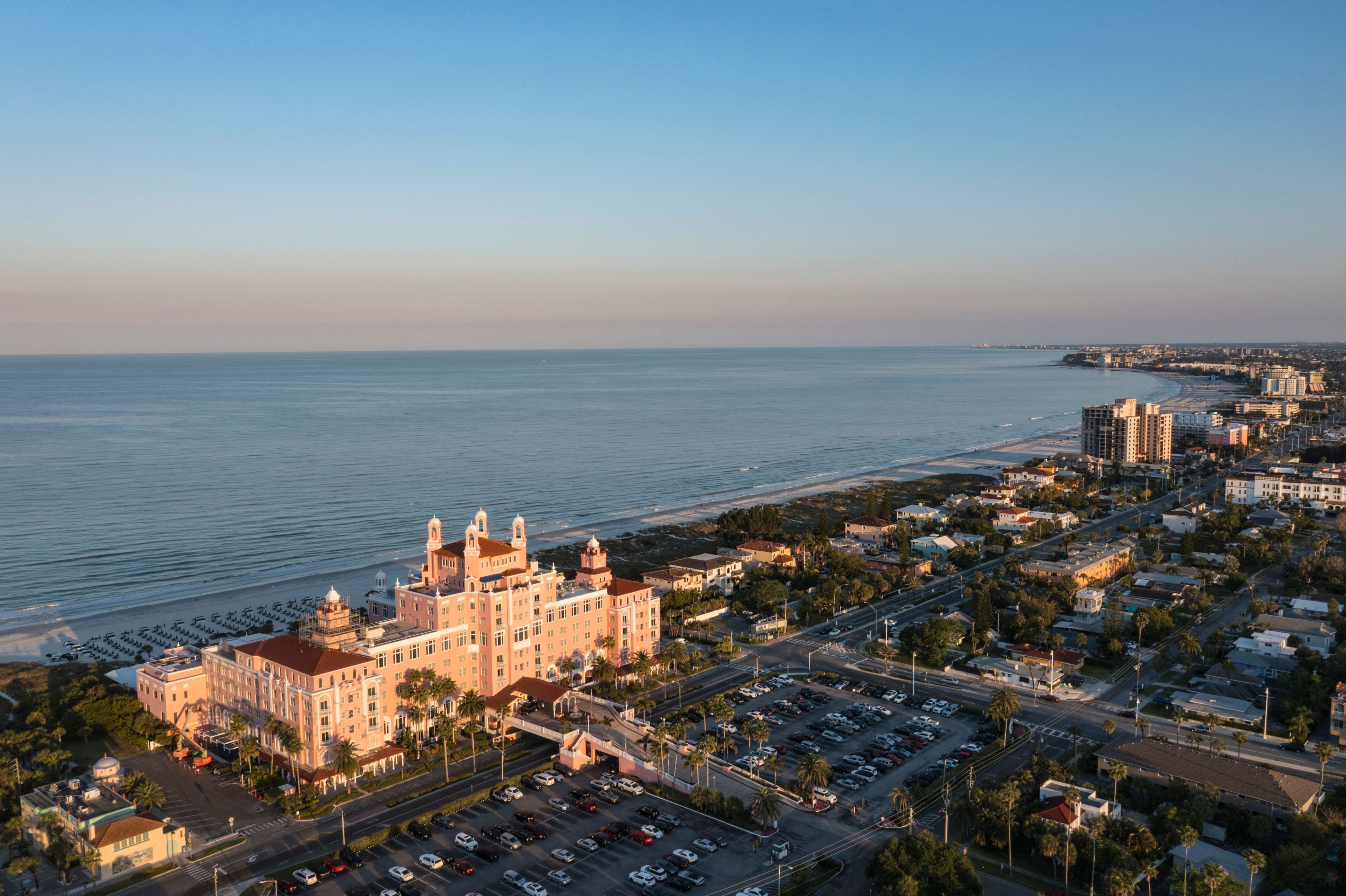 Aerial view of sandy beach and turquoise ocean waves, St. Pete Beach, Florida, United States.