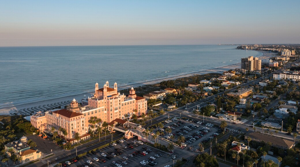 Aerial view of sandy beach and turquoise ocean waves, St. Pete Beach, Florida, United States.