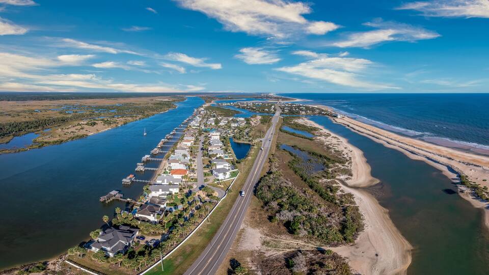 Aerial view of coastal paradise summer heaven near St Augustine Florida luxury vacation homes with long decks