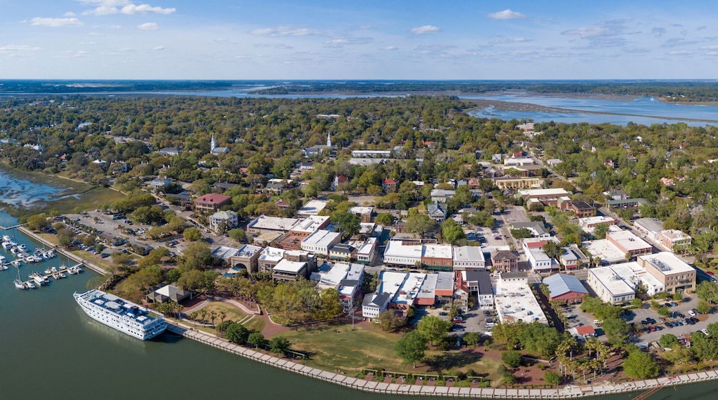 Aerial panorama of Beaufort, South Carolina with cruise ship in port.