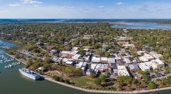 Aerial panorama of Beaufort, South Carolina with cruise ship in port.