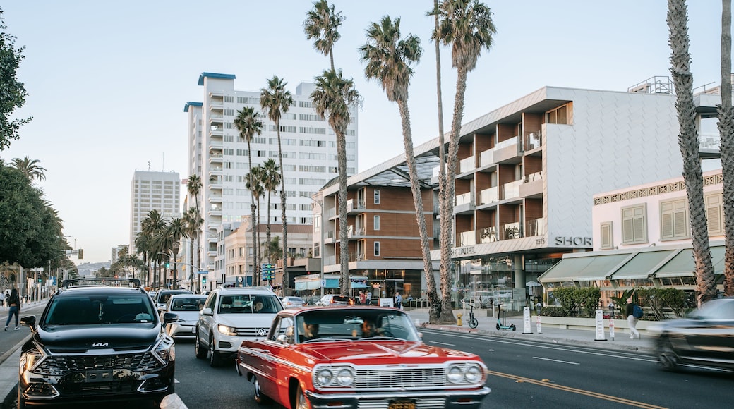 Downtown Santa Monica showing a sunset